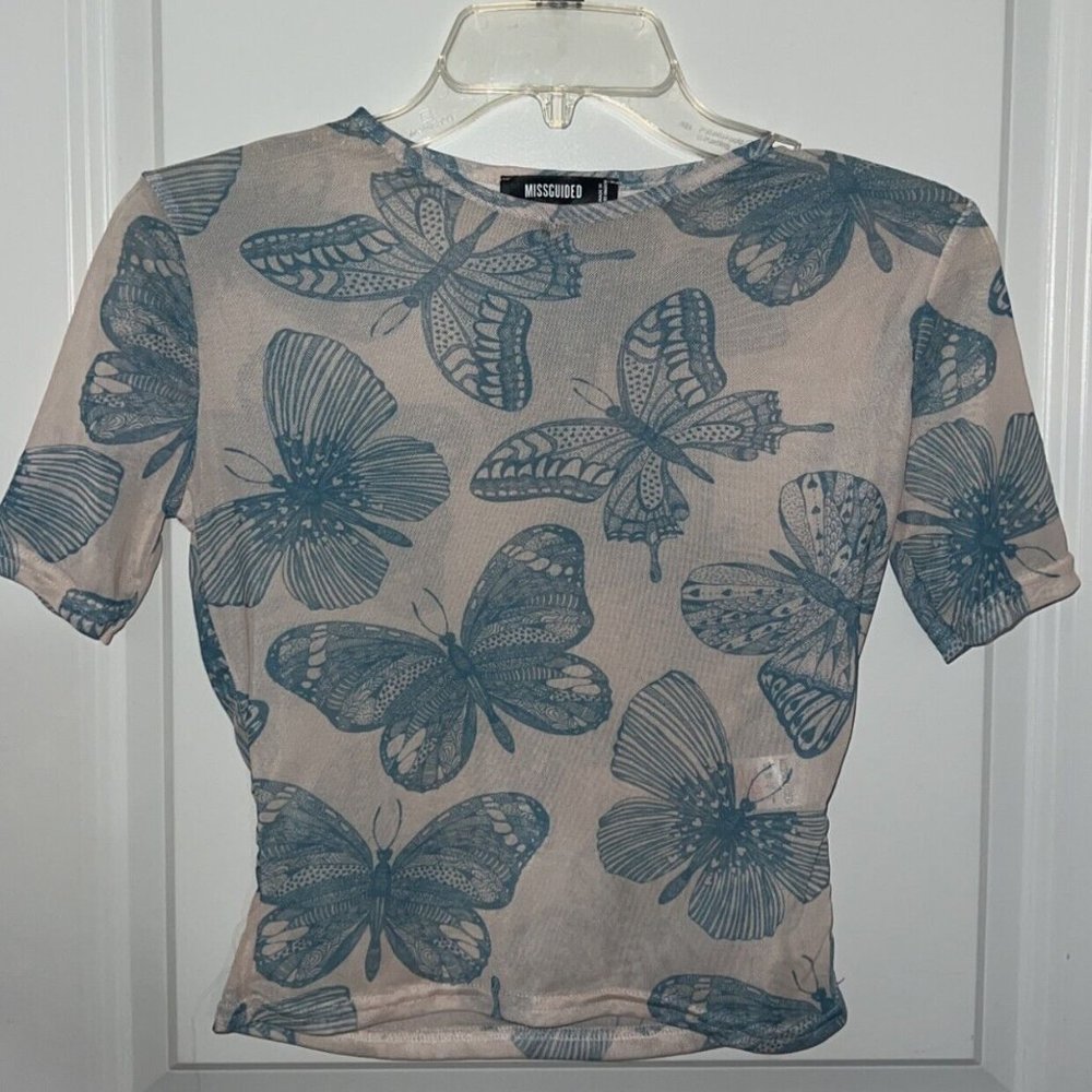 Missguided Shear Mesh Butterfly Print Cropped Top (never worn)